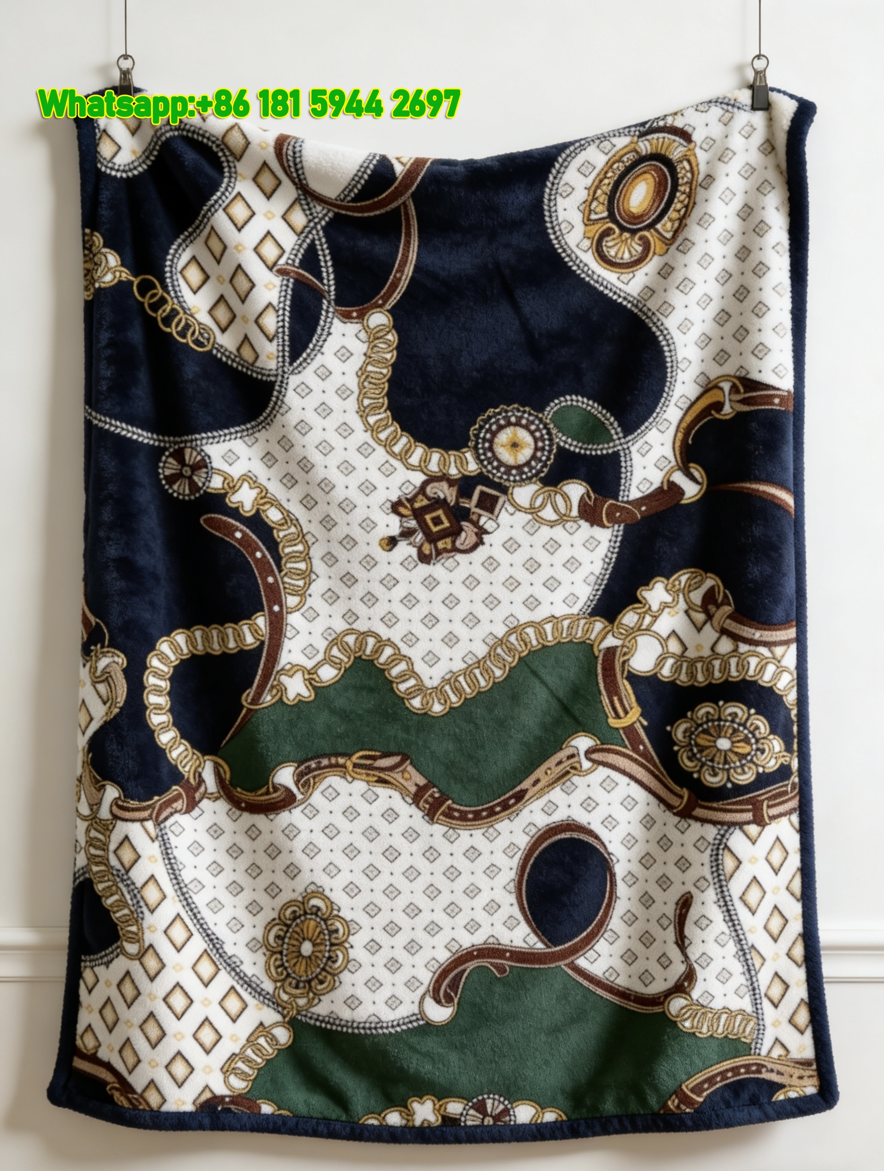 Hermes Vintage Baroque Chain & Jewel Print Flannel Throw Blanket IMG_5254